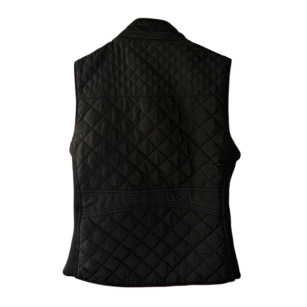 Love Tree Womens Quilted Puffer Vest Black Gold Zip Brown Trim Small Lightweight - Picture 2 of 10